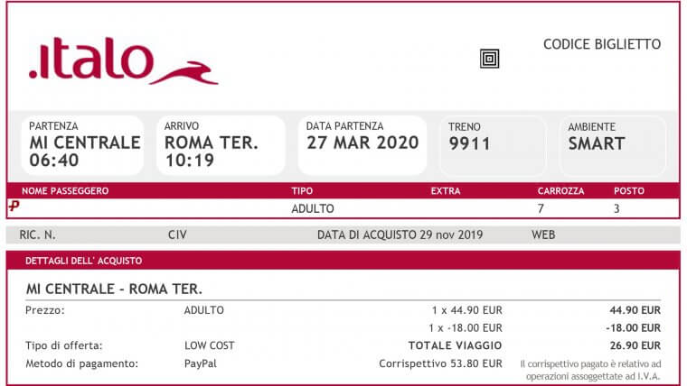Train Ticket Italy Rome Milan